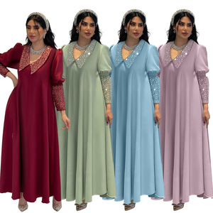 Abito Abaya con Colletto <span class=keywords><strong>Peter</strong></span> Pan in Paillettes, Maniche a Sbuffo, Vestito Lungo da Sera Musulmano - Product Image 2