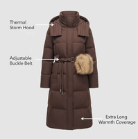 Veste d'hiver pour femme à manches longues, à capuche, respirante, écologique, poids 150g-200g, fermeture éclair, ceinture à la taille, fabriquée en Chine