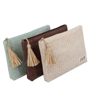 Umweltfreundliches Strohmaterial Raffia Tassel handliche Kupplungstasche Mode Strand Kosmetik Make-Up-Beutel Waschtasche für Sommer