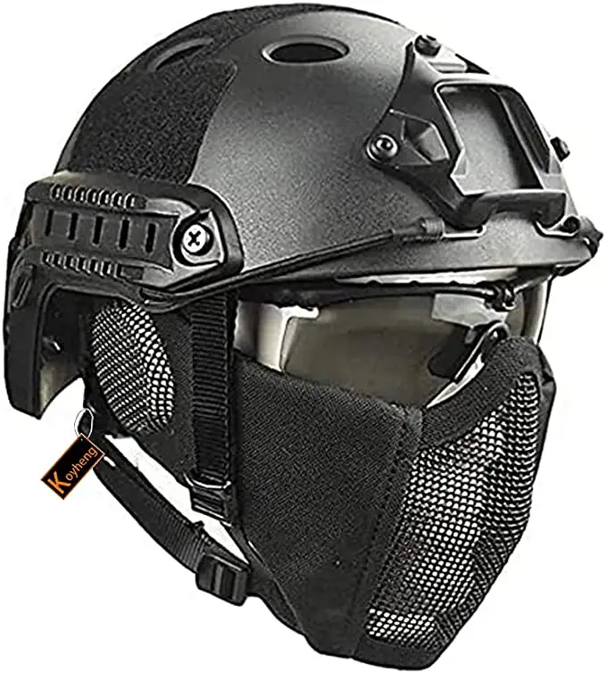 전술 빠른 헬멧 결합, 접이식 귀 보호 하프 페이스 메쉬 마스크 및 유리 Airsoft Paintball CS 게임 세트