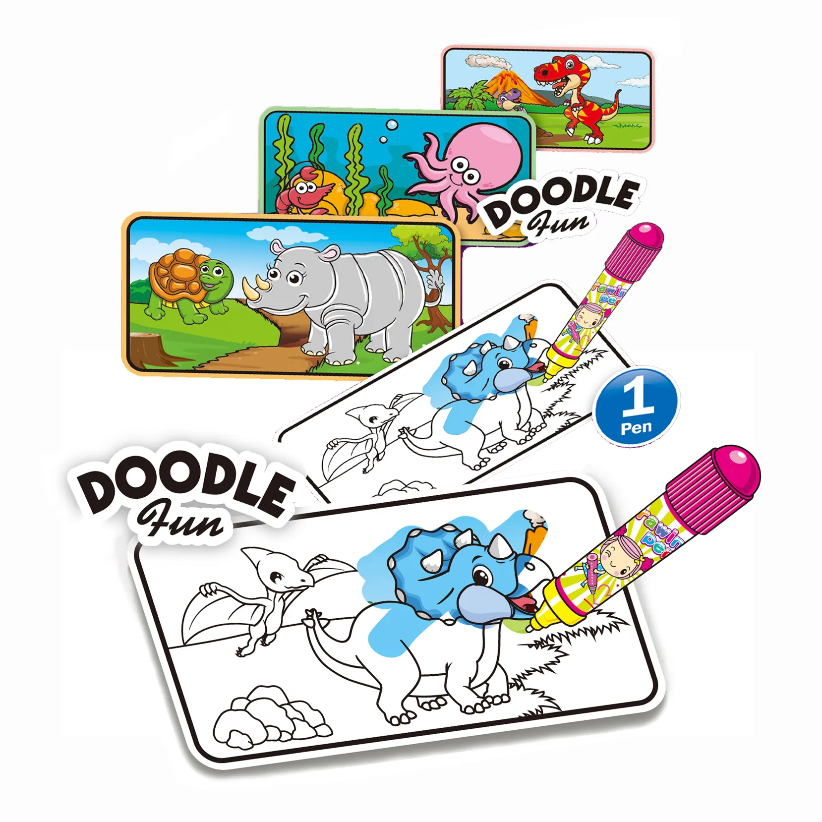 Cartoon Dinosaurs Aqua Magic Water Painting Art Set Flash Drawing Cards with Magic Pens STEM Toys for Children