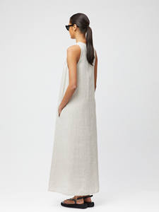 Women's Vintage Solid Summer Minimalist <b>Linen</b>/Cotton Midi Tank <b>Dress</b> ODM Natural Waist French Loose O-Neck Elegant <b>Beach</b> Wear - Product Image 5