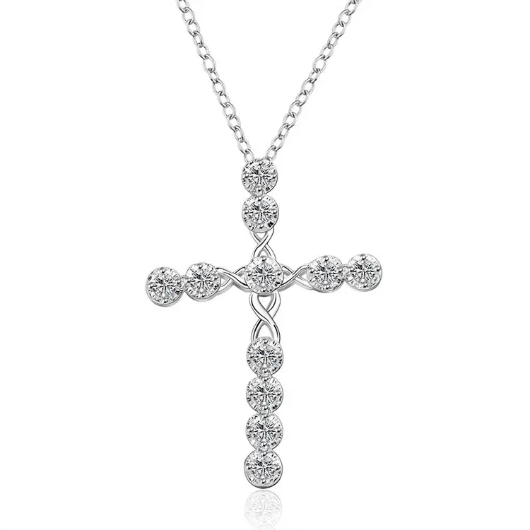 High Quality Fashion Design Women Moissanite Cross Pendant S925 Silver Brass Necklace