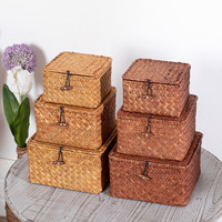 Panier de rangement en osier avec couvercle, panier en herbe de mer tissé à la main, bacs de rangement rectangulaires, boîtes de rangement pour la maison, organisateur de garde-robe