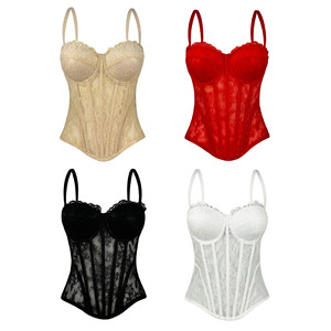 Top corsé de encaje para mujer, top corto de malla con tiras en la espalda y sujetador tipo bustier. - Product Image 6