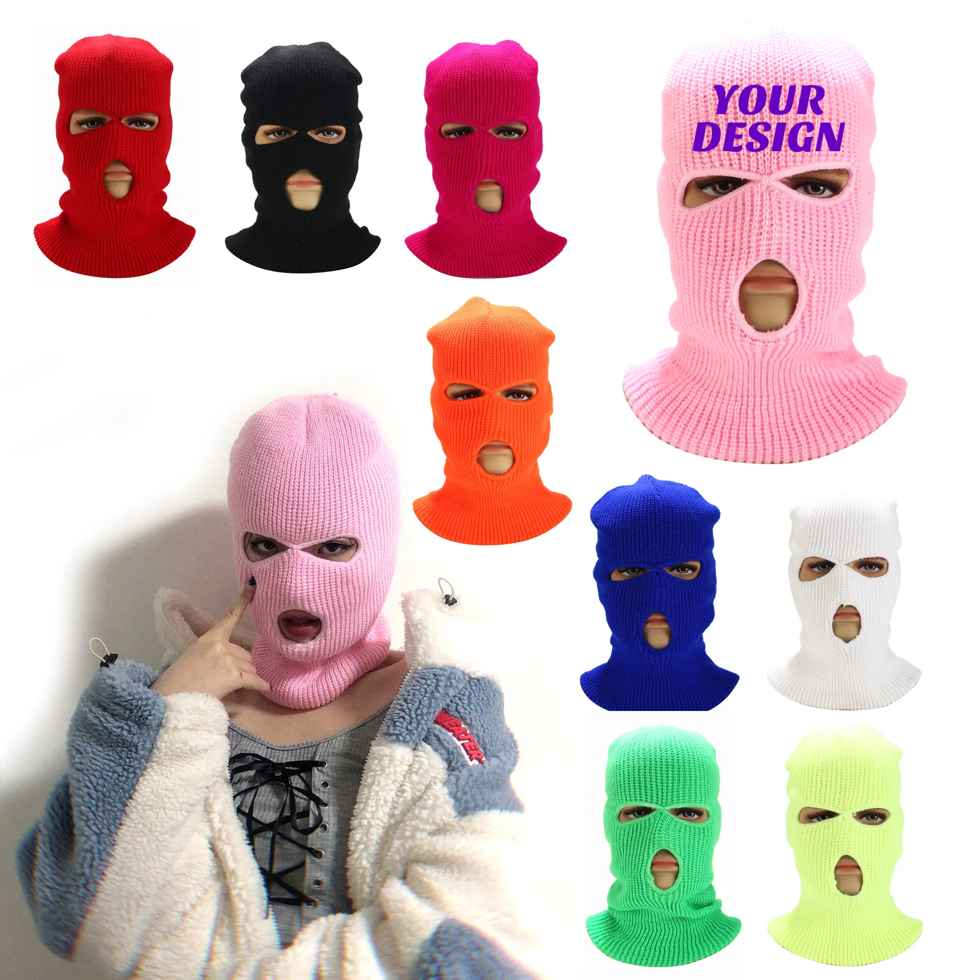 Masque facial avec Logo imprimé, 3 trous, Ski, idée cadeau, vente en gros, blanc, rose et noir, cagoule tricotée, vente en gros, collection hiver