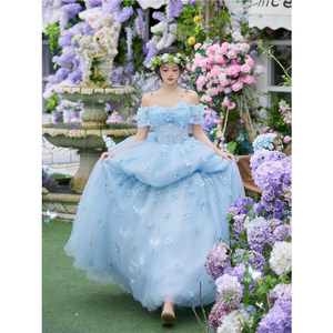 Blue Ball Gown Wedding Dress Strapless Empire Waist Puffy Princess Style For Bridal Events And Coming Of Age Ceremonies - Product Image 5