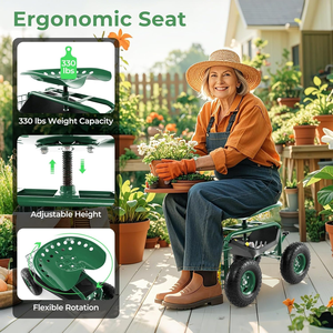 Carrito de Jardín Metálico Resistente con Asiento Giratorio, Bandeja para Herramientas y Cesta, 4 Ruedas para Jardinería y Cuidado del Césped - Product Image 5