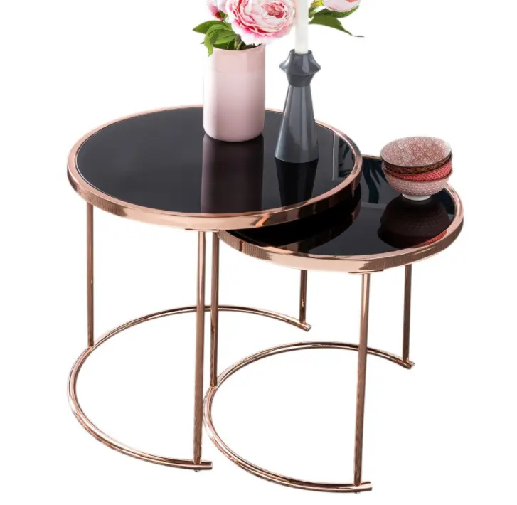 럭셔리 현대 스테인레스 스틸 유리 라운드 골드 대리석 둥지 엔드 소파 커피 테이블