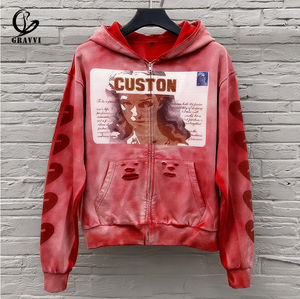 Tùy chỉnh thực hiện để đặt hàng DTG chân dung đồ họa đầy đủ Zip hoodie quá khổ nặng lông cừu Y2K rửa đường phố Unisex - Product Image 2