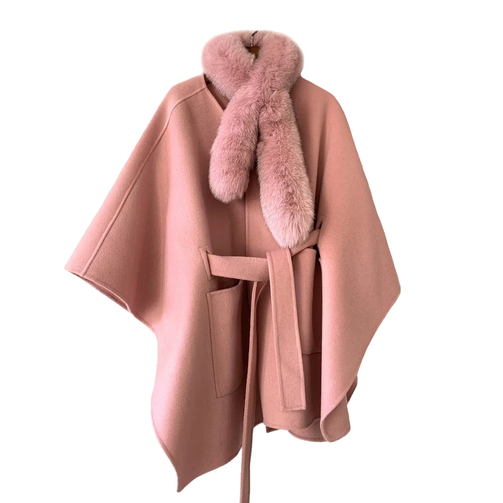 Chất Lượng Tốt Khuyến Mại Thời Trang Ve Áo Ngắn Hai Mặt Vải Thắt Lưng Fox Cổ Áo Cashmere Coat Lamb Wool Coat