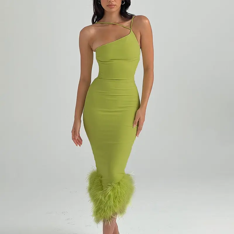 New Arrival Elegant Green One Shoulder Bodycon Ladies Maxi Party Dresses With Feather