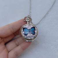 Montre de poche mignonne pour femmes et filles WAH02, collier pendentif, motif papillon et note de musique
