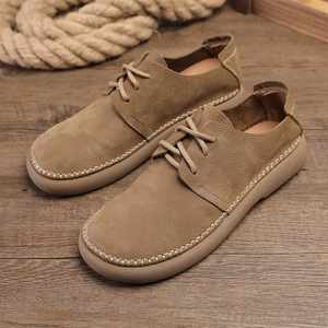 Chaussures de marche pour hommes en cuir véritable à lacets, bout rond, semelle en caoutchouc respirante, tige en cuir de vachette, couleur unie, style décontracté - Product Image 1