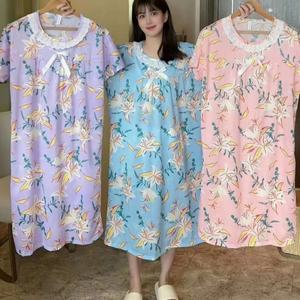 ชุดนอนลำลองของผู้หญิงพิมพ์ลายดอกไม้ชุดนอนเลานจ์สไตล์ชายหาดฤดูร้อนลูกไม้คอกลมผ้าไหม<span class=keywords><strong>นม</strong></span>โอเวอร์ไซส์เดรสเสื้อยืดใส่อยู่บ้าน - Product Image 5