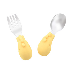 Tenedor y cuchara de silicona para alimentación de bebés, mango de acero inoxidable 316 con forma de ciervo, utensilios de entrenamiento para niños de 1 a 2 años - Product Image 2