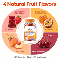 Gummies multivitaminées sans sucre pour enfants, marque privée, OEM, 120 unités, oursons gommeux aux fruits mélangés avec inositol pour le cerveau et la croissance