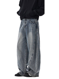 Calças <span class=keywords><strong>Jeans</strong></span> Masculinas de Corte Solto e Reto, Azul Sólido, Denim de Peso Médio, Calças Cargo Oversized com Bolsos, Estilo Casual - Product Image 3