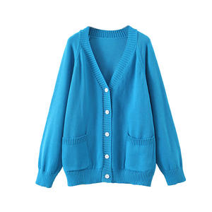 เสื้อคาร์ดิแกนถักสำหรับผู้หญิงไซส์ใหญ่ คอวี สีพื้น แขนยาว มีกระเป๋า สีฟ้า ใยโพลีเอสเตอร์ N8472 - Product Image 1