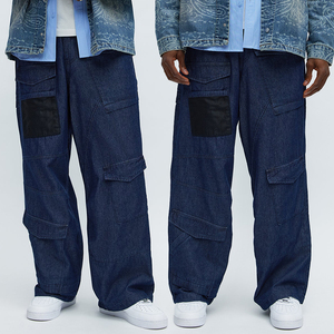 KingSen Men's Mesh Patchwork Lightweight Denim Cargo Pants Loose Baggy Streetwear <b>Jeans</b> Multi-Pocket Workwear Wide Leg Trousers - Product Image 1
