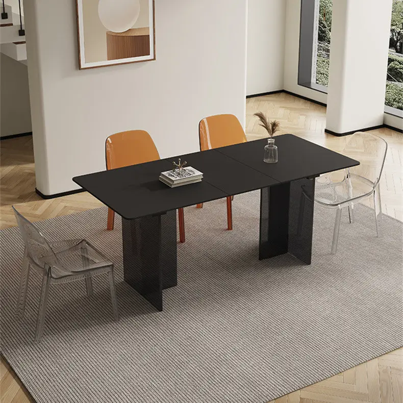 Juego de mesa de comedor retráctil de acrílico moderno, placa de roca blanca y negra con mesa Rectangular transparente para el hogar y el hotel