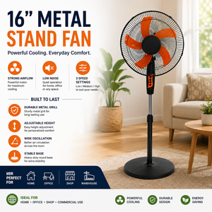 Ventilador Vertical Elegante para el Hogar de 16 Pulgadas, Viento Potente, Diseño Moderno, Construcción Metálica, Funciona con Batería, Altura Ajustable, Gran Potencia - Product Image 1