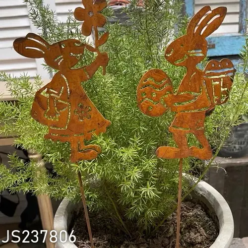 Conjunto de 2 coelhos para decoração ao ar livre, conjunto de plantas de metal com pedaço para jardim quintal flor rusty
