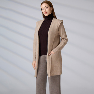 Cárdigan de punto con capucha para mujer, mezcla de lana, frente abierto, suéter personalizable de alta gama, abrigo de punto de longitud media con bolsillos - Product Image 5
