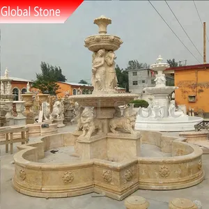 Fuente de agua de mármol blanco tallada a mano personalizada de lujo con esculturas de León para jardín al aire libre