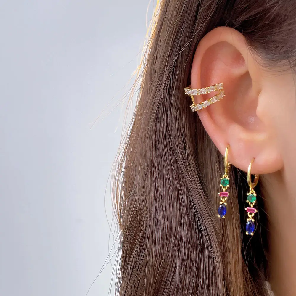 Foxi grosir anting-anting Juntai zirkonia kubik warna-warni berlapis emas 18K geometris CZ rumbai anting-anting untuk wanita