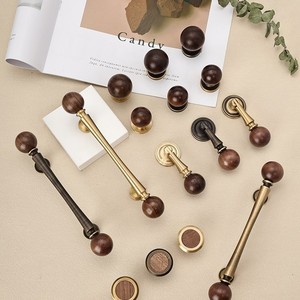T0270 Brass Walnut Wood Round Cabinet <b>Knob</b> 13mm Diameter French Style Drawer Handle - Product Image 3