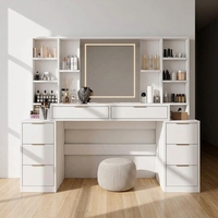 Coiffeuse en chêne sur mesure, robuste, avec miroir et éclairage, 8 tiroirs, étagères ouvertes et LED réglables pour chambre à coucher