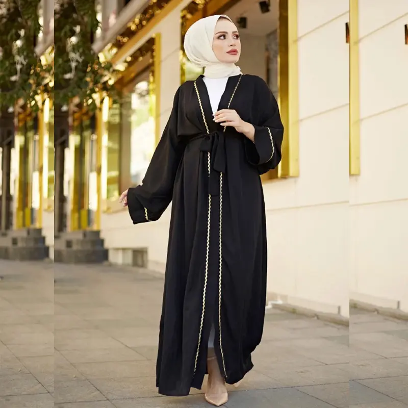  Uzun müslüman elbisesi kadınlar Abaya Dubai Jalabiya altın şerit hırka Robe abaya hırka