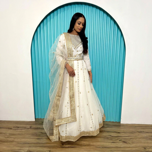 <b>White</b> Georgette Embroidered Anarkali <b>Suit</b> Gold Trim Floor-Length Traditional Indian <b>Wedding</b> Dress for <b>Women</b> Quick Dry Loose Fit - Product Image 1