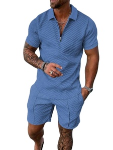 Custom Men's Casual Polo Shirts Sets with Zipper Knitted Fabric <b>Track</b> Suit Including <b>T</b>-shirt and Shorts for Summer - Product Image 4