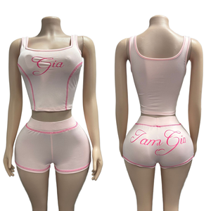 Set Pakaian Wanita dengan Logo Custom, Fashion Y2K 2 Potong, Tank Top Tanpa Lengan & Celana Pendek, Tracksuit Kasual Wanita - Product Image 4