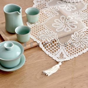 European Style White Lace <b>Table</b> <b>Runner</b> With Tassel For <b>Dining</b> Room 100 Polyester Washable - Product Image 1