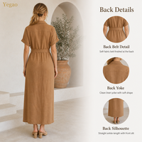 Kemeja Yegao untuk Wanita, Gaun Maxi Warna Cokelat Karamel, Kancing Depan, Slit Samping, Gaun Panjang Wanita, Grosir, Custom Made to Order