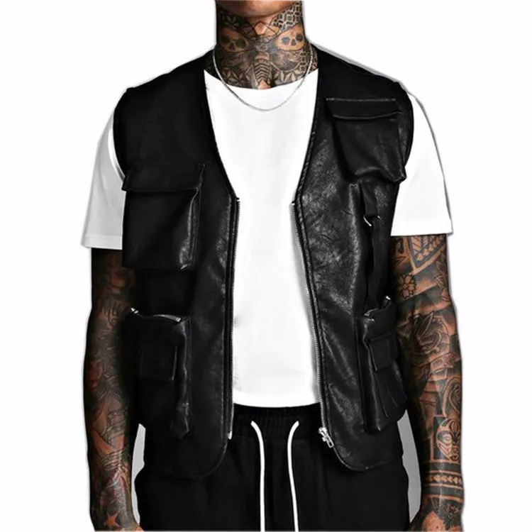 HOT Bán Bán Buôn Tùy Chỉnh Chất Lượng Cao Mens Fuax Leather Vest Với Tiện Ích Túi Hàng Hóa