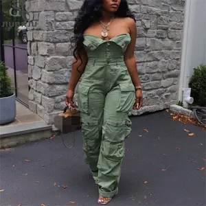Women Casual Cargo Button Jumpsuits Ladies Short Sleeve Belted Playsuit  Rompers