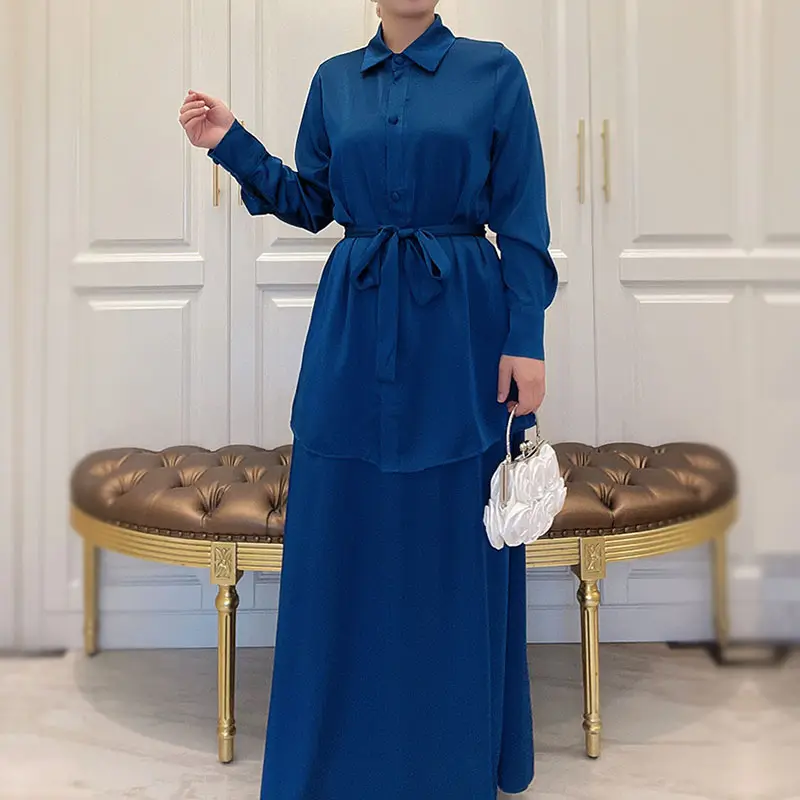 Co Ord Setelan Sutra Satin 2 Potong, Baju Muslim Islami Kancing Kemeja Panjang, Rok Kantong Cocok, Borong Abaya Baju Kurung