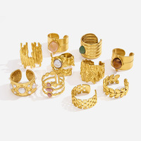 Eleganter Verstellbarer Edelstahl-Perlenring Natürlicher Tigerauge-Stein Gehämmerte Oberfläche 18k Vakuum-Gold Breiter Ring für Damen Europäischer Stil