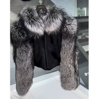 Veste bomber zippée grande taille RXFurs Fashion, veste en cuir et fourrure de mouton avec manches en fourrure de renard argenté pleine fourrure