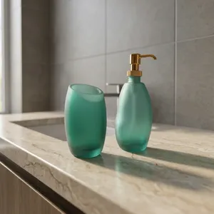 Two Piece Green Murano Glass <b>Bathroom</b> <b>Set</b> Handmade in Italy Includes Toothbrush Tumbler and Liquid Soap Dispenser with Pump - Product Image 1