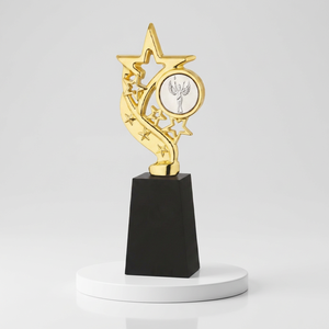 Trophée Étoile en Métal Moulé sous Pression de Qualité Supérieure avec Socle en Bois Noir, Portable, Gravure Personnalisable, Thème Compétitif pour Récompenses d'Événements - Product Image 1