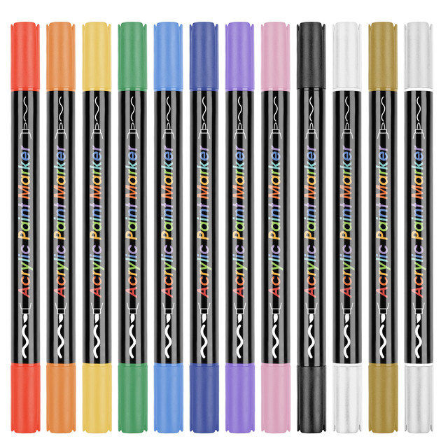 Dual Tip Acrylic Paint Pens With Medium Tip and Brush Tip for Rock Painting Wood Canvas Calligraphy Dot Markers