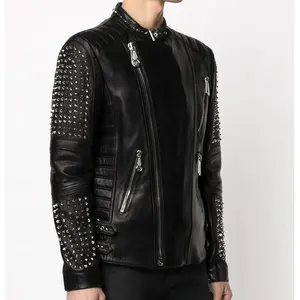 Custom New Men Black Front Zipped Fastening Studded Leather Biker Jacket