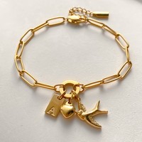 Pulsera de cadena de acero inoxidable chapada en oro de 14 quilates para mujer con colgante de letra A, corazón y golondrina, joyería Emanco