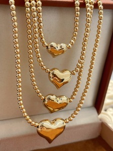 Collier en or 18 carats AU750 avec perles en forme de cœur, 4 tailles, or jaune massif, style superposé, hypoallergénique, collier en or véritable pour femme, cadeau - Product Image 3