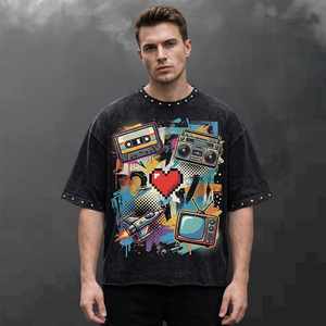 เสื้อยืด OEM สกรีนโลโก้ ผ้าคอตตอนหนา 300GSM ทรงโอเวอร์ไซส์ ทรงบ็อกซี่ ตัดสั้น ประดับคริสตัลวิบวับ สไตล์สตรีทแวร์ เสื้อยืดผู้ชาย - Product Image 1
